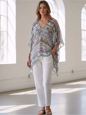 Hale Bob 100% Silk Boho Geometric Tunic Top Cover Up Small